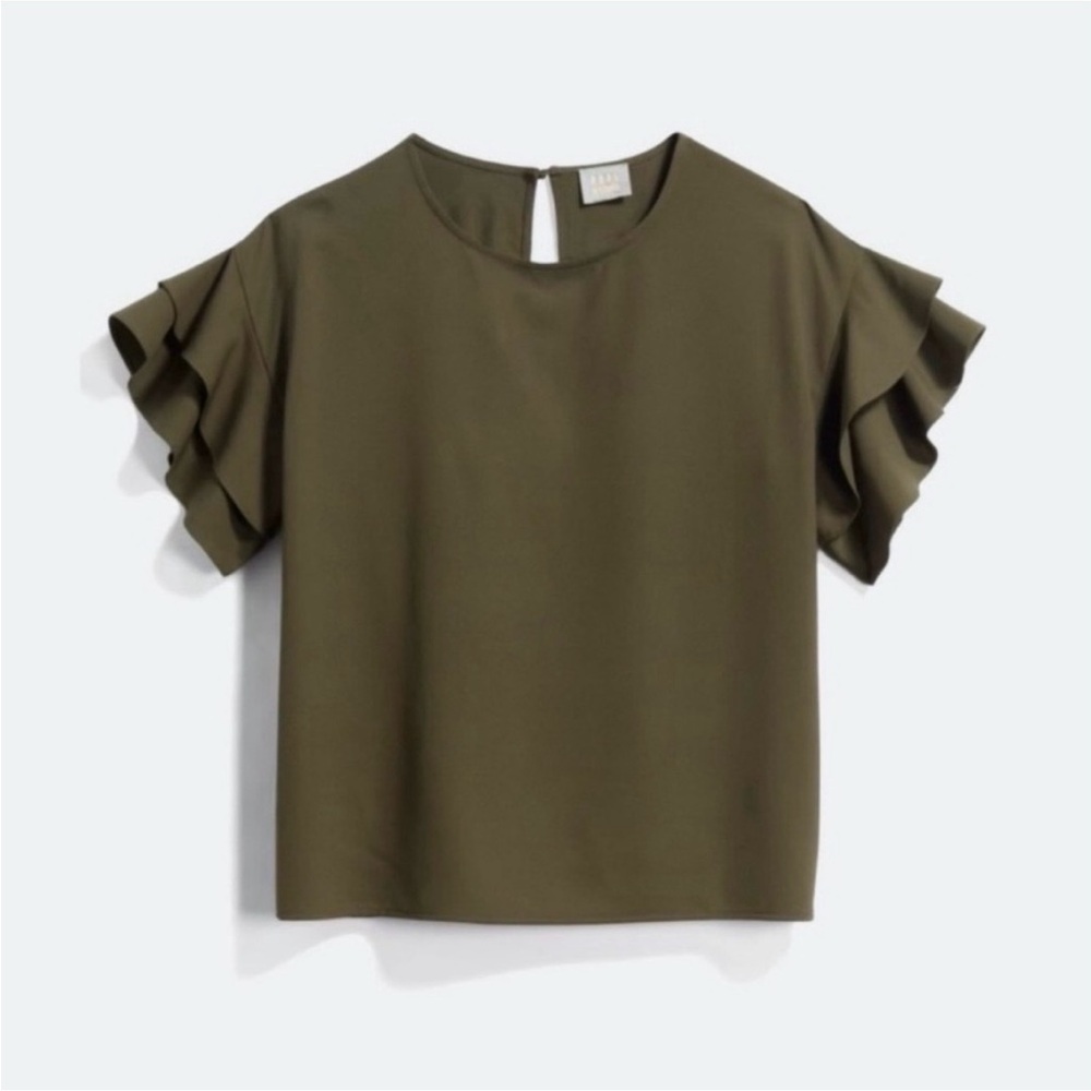 Olive Green Ruffle Sleeve Blouse | Dual Nature Amir Top | Size Small